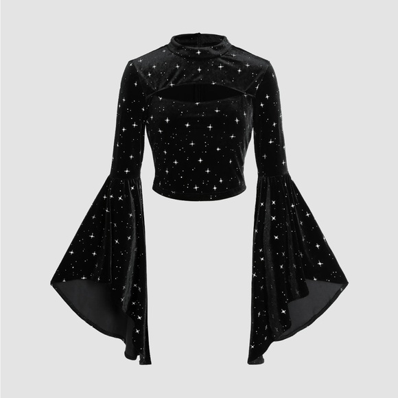 Cider Tops - CIDER Black Velvet Star Pattern Bell Sleeve Crop Top with Cutout